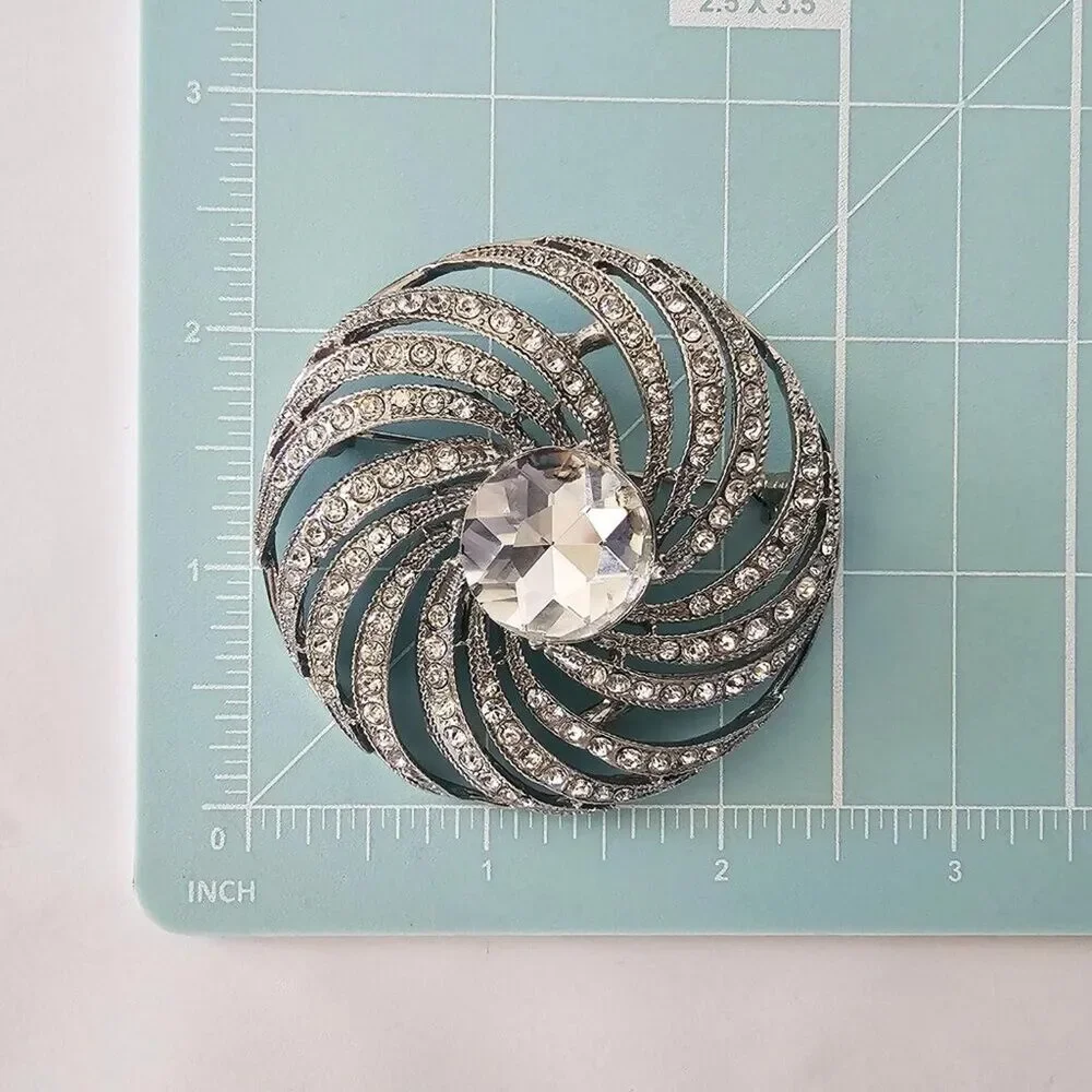 Vintage Monet Silver Tone Rhinestone and Crystal Statement Spiral Brooch